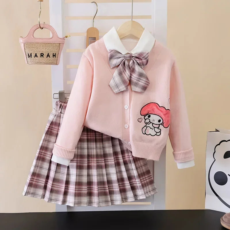 Ensemble cosplay Sanrio Kuromi My Melody 2024, jupe plissée JK, cardigan tricoté style collégial, costume trois pièces pour enfants