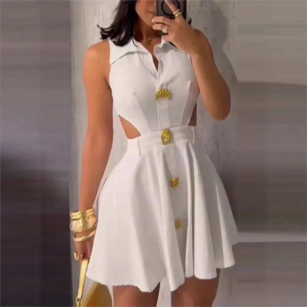 Mini Robe Femme Été Sans Manches – Chemise Ajourée à Revers Boutonnée et Jupe Courte Élégante