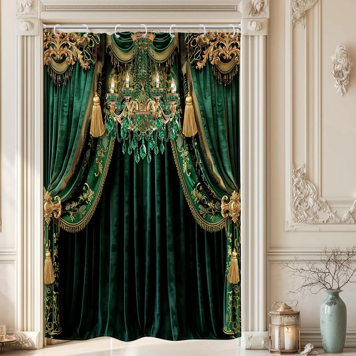 Rideau vert émeraude – Imprimé vintage luxe, décoration intérieur
