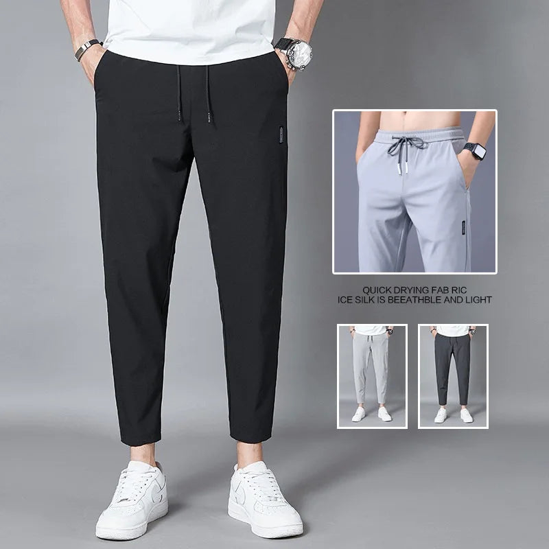 Pantalon homme été – Soie glacée, léger et fin, ample et décontracté, séchage rapide, bande cheville, maille