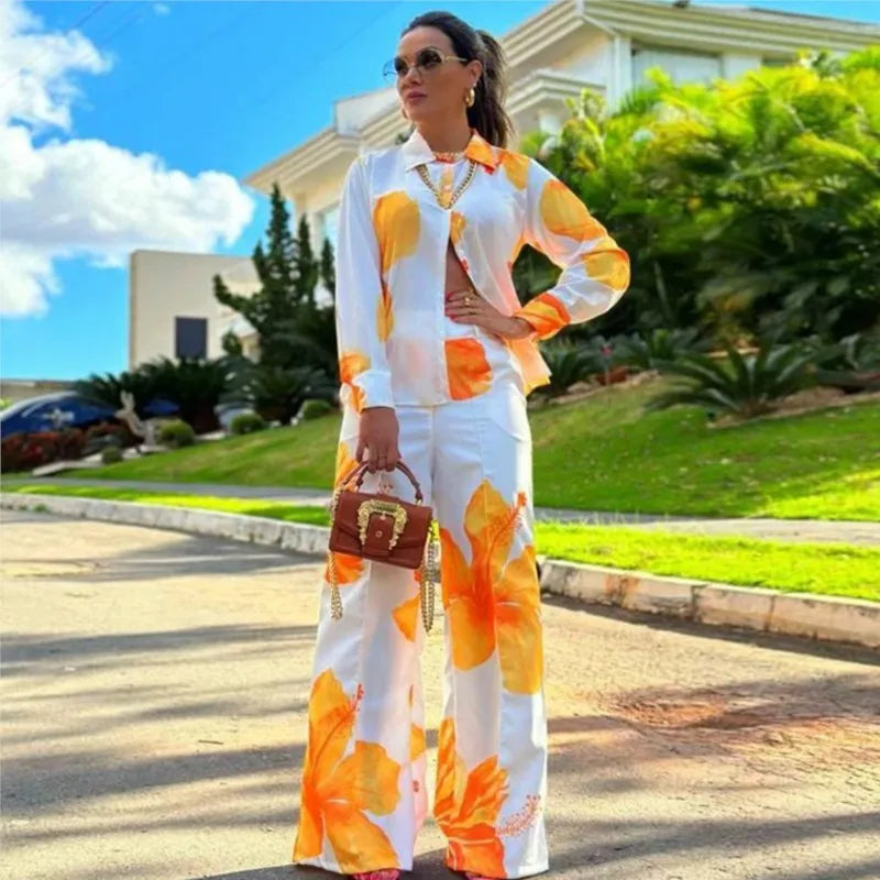 Tenue Vacances Femme – Ensemble 2 Pièces Ample, Chemise Imprimée & Pantalon Large Tendance
