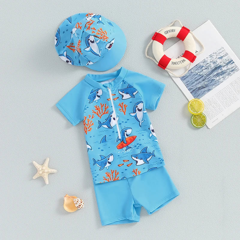 Ensemble maillot de bain été bébé garçon – anti‑UV, haut manches courtes, short et chapeau