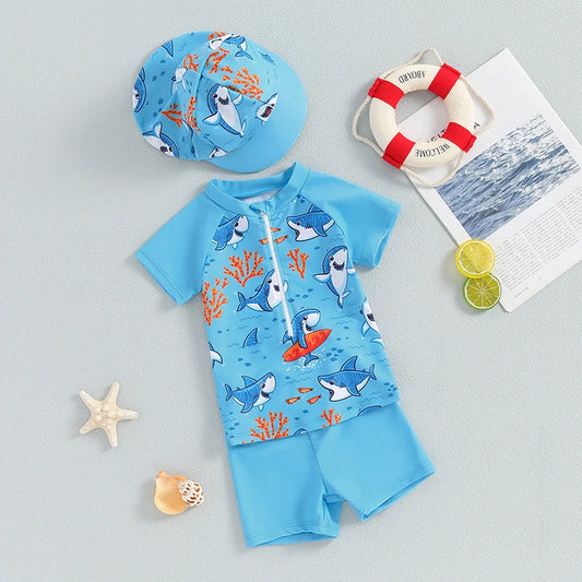 Ensemble maillot de bain été bébé garçon – anti‑UV, haut manches courtes, short et chapeau