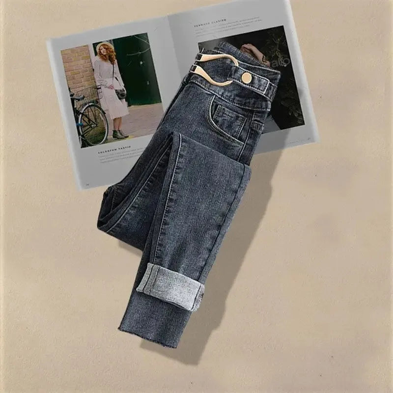 Ensemble jean femme – Vintage, 2 pièces, pull tricot effet faux, pantalon taille haute, style coréen