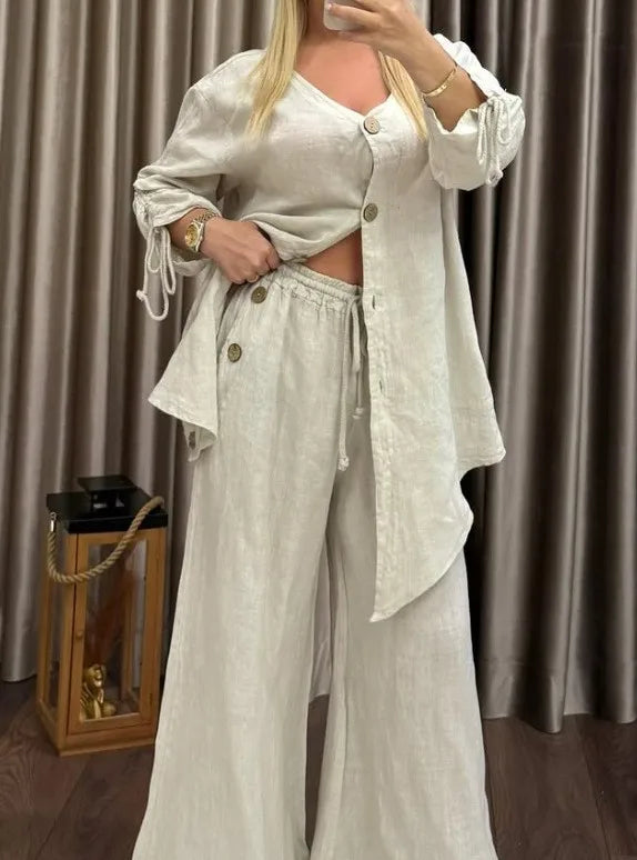 Ensemble Femme 2 Pièces – Cardigan Col V à Boutons & Pantalon Large, Style Décontracté Chic