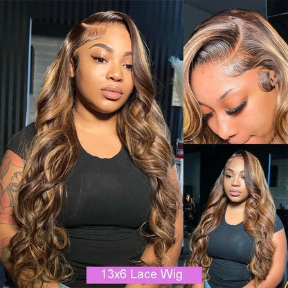 Perruque Lace Frontal Body Wave HD, cheveux humains, reflets blonds .