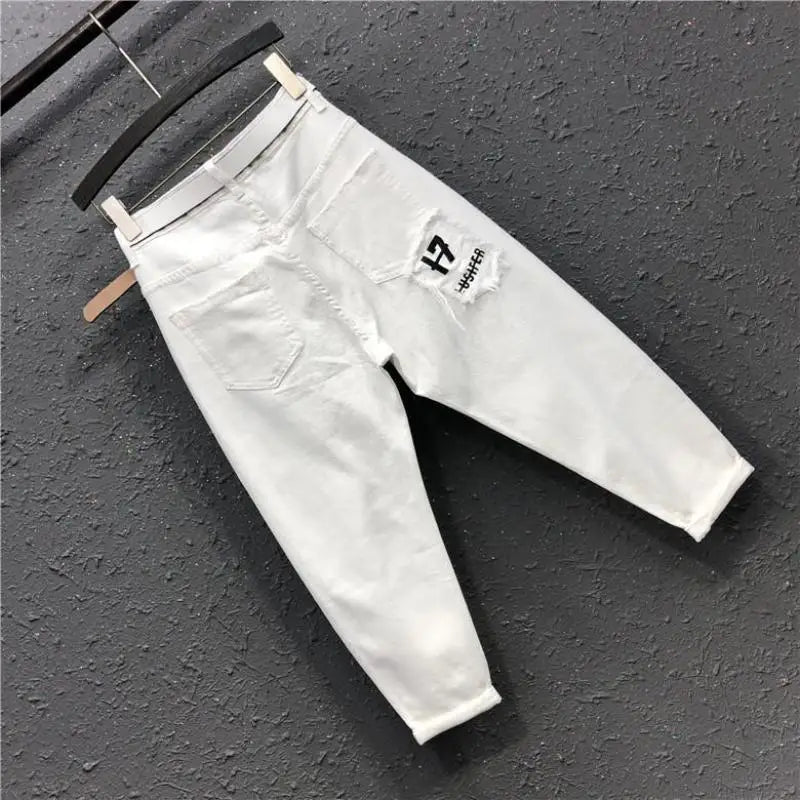 Pantalon Harlan en denim court avec poches, taille haute, lettre plaquée, minimaliste, tendance européenne, décontracté, nouveau, printemps, été