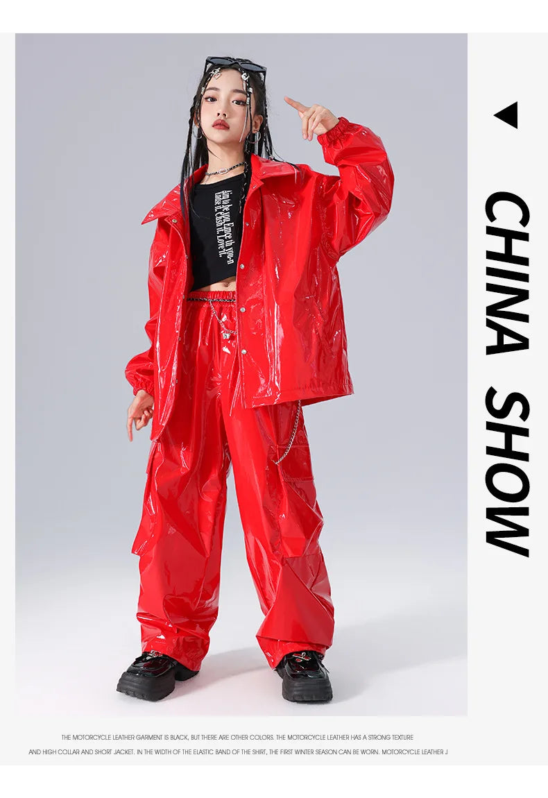 Costume Danse Jazz Garçon Filles, Pantalon Cuir Brillant Rouge, Streetwear Hip Hop Scène .