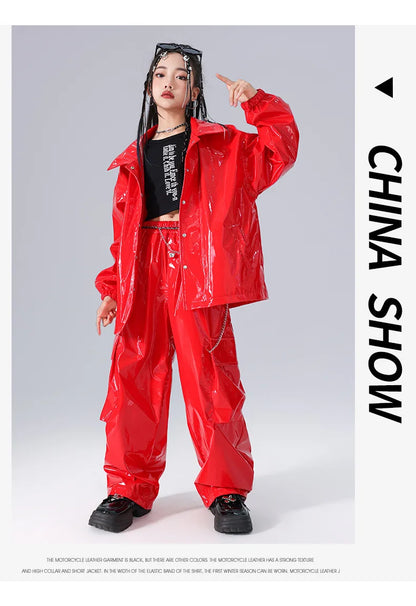 Costume Danse Jazz Garçon Filles, Pantalon Cuir Brillant Rouge, Streetwear Hip Hop Scène .