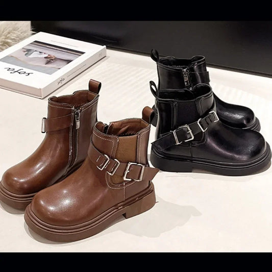 Bottes Courtes Fille – Bottines Basses en Cuir et Coton, Style Britannique Tendance, Chaudes et Confortables Automne Hiver