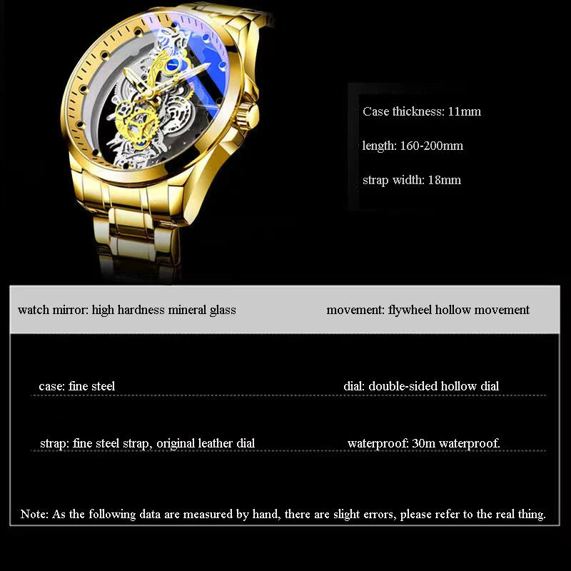 Montre homme quartz squelette doré rétro luxe .