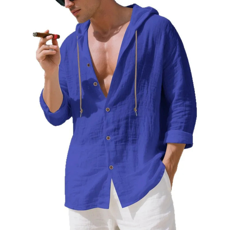 Chemise Homme Lin Ample – Manches Longues, Cardigan Capuche décontractée, Tendance Plage, Automne