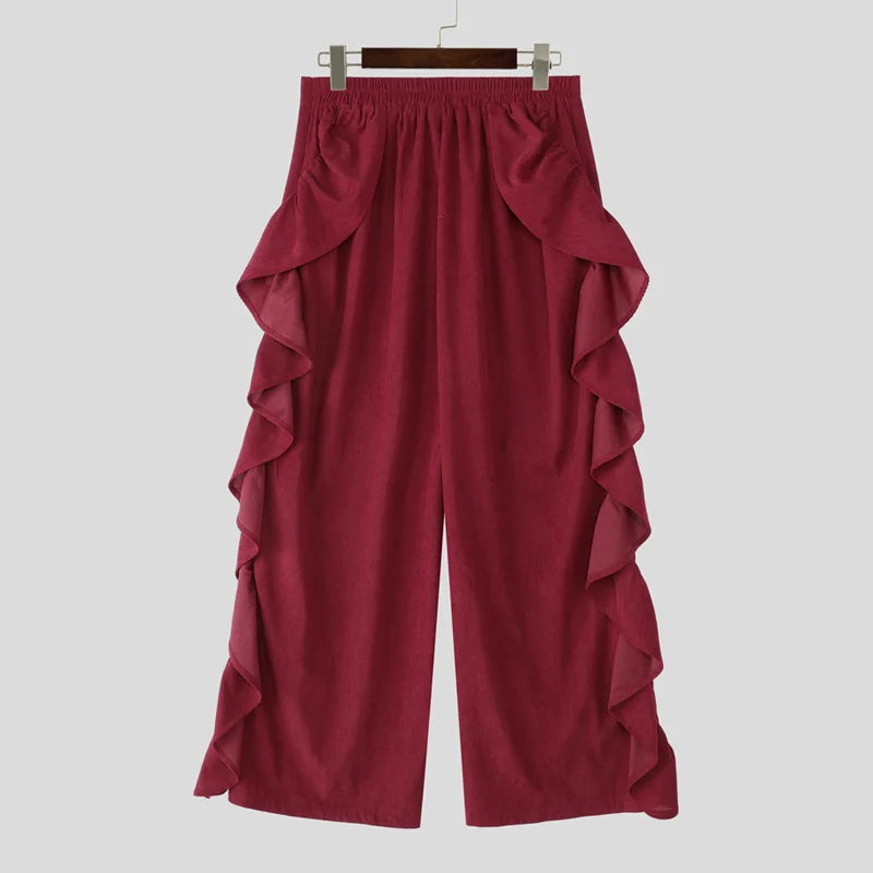 Pantalon homme INCERUN velours imprimé couleur unie à volants, taille élastique – Streetwear ample mode décontracté S-5XL