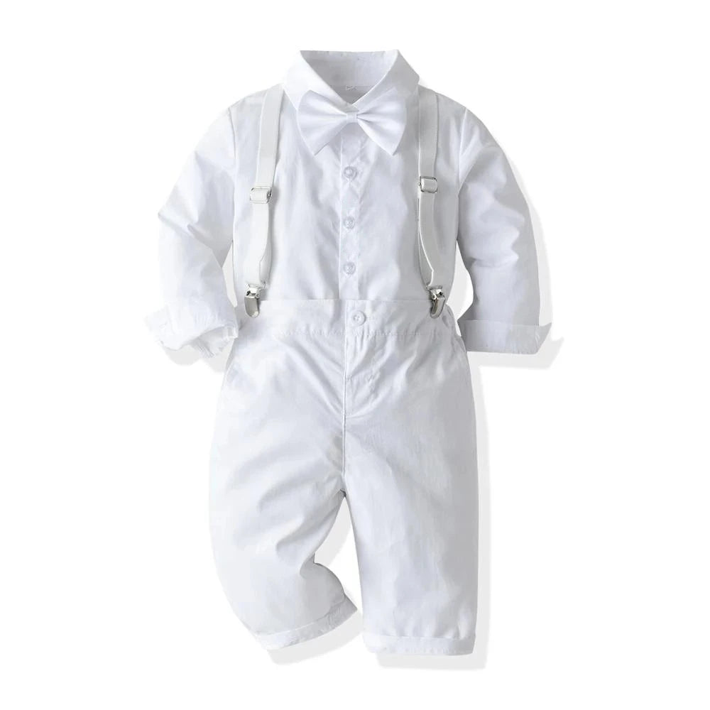 Costume blanc garçon – Baptême, mariage, chemise, pantalon à bretelles, 1-6 ans