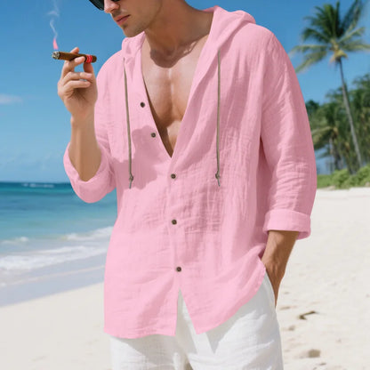 Chemise Homme Lin Ample – Manches Longues, Cardigan Capuche décontractée, Tendance Plage, Automne