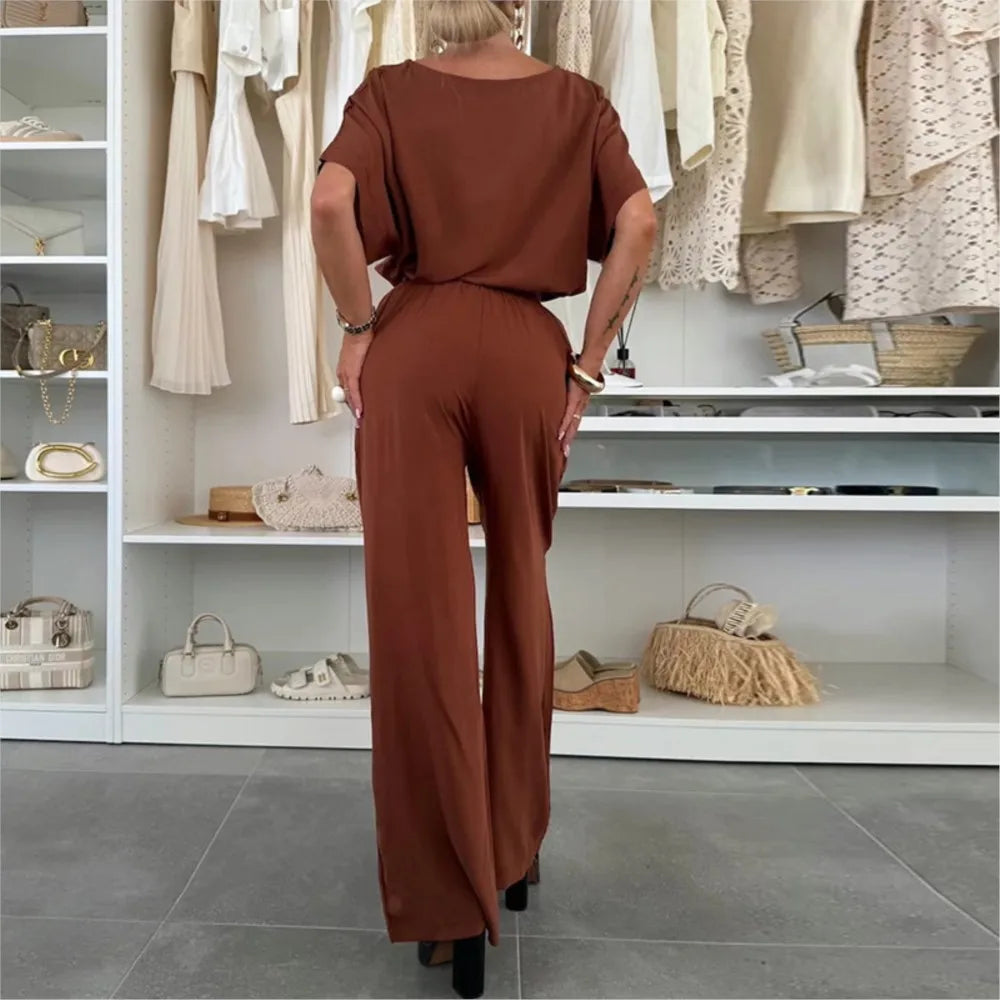 Ensemble Femme 2 Pièces Été – Col Rond à Lacets & Pantalon Décontracté, Couleur Unie Tendance