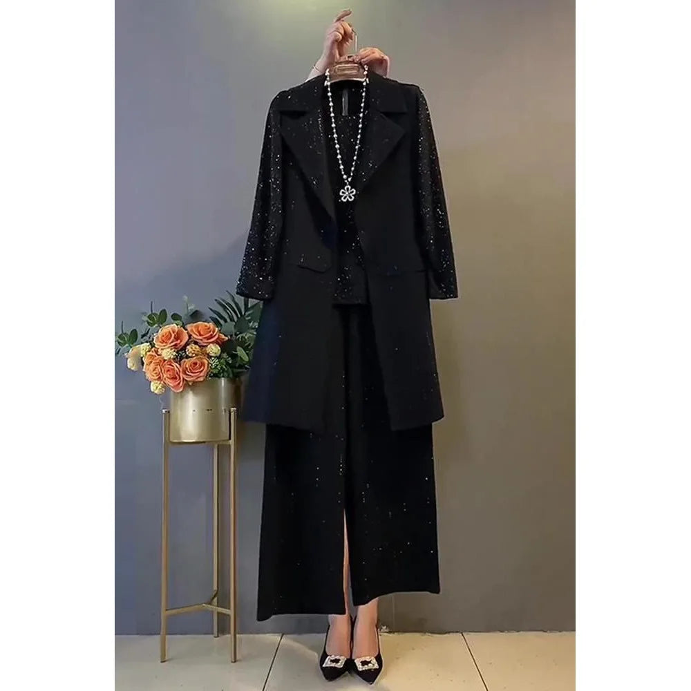 Ensemble Femme Grande Taille 3 Pièces – Veste, Chemise et Pantalon Long Noir avec Strass