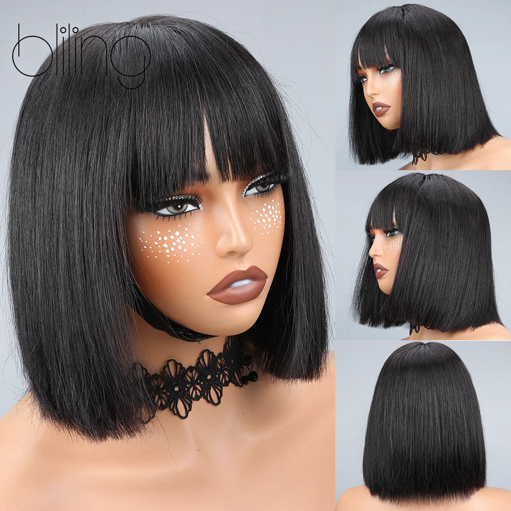 Perruque femme 200% densité – Bob droit avec frange, 10 pouces, dentelle transparente