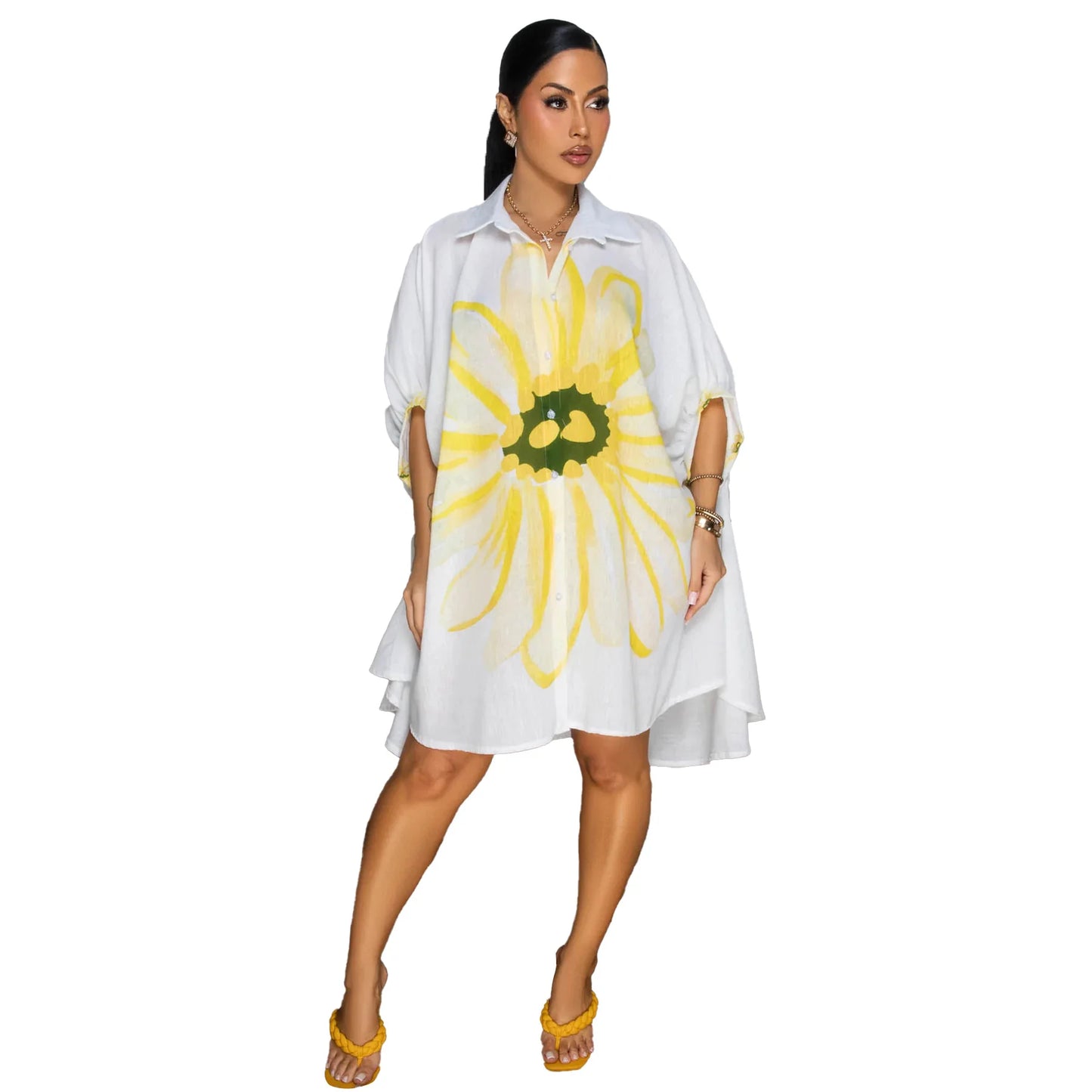 Robe Élégante Femme – Chemise d’Été Imprimée à Revers, Dos Court & Coupe Décontractée Chic