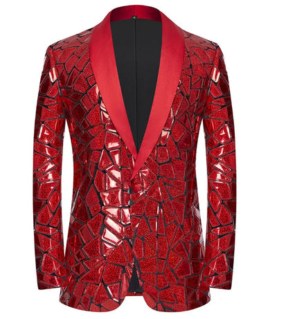 Veste smoking homme luxe paillettes laser, col châle, un bouton, fête et scène.