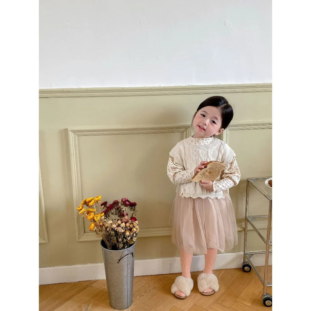 Gilet tricoté fille – sans manches, mode printemps/automne, 1‑7 ans