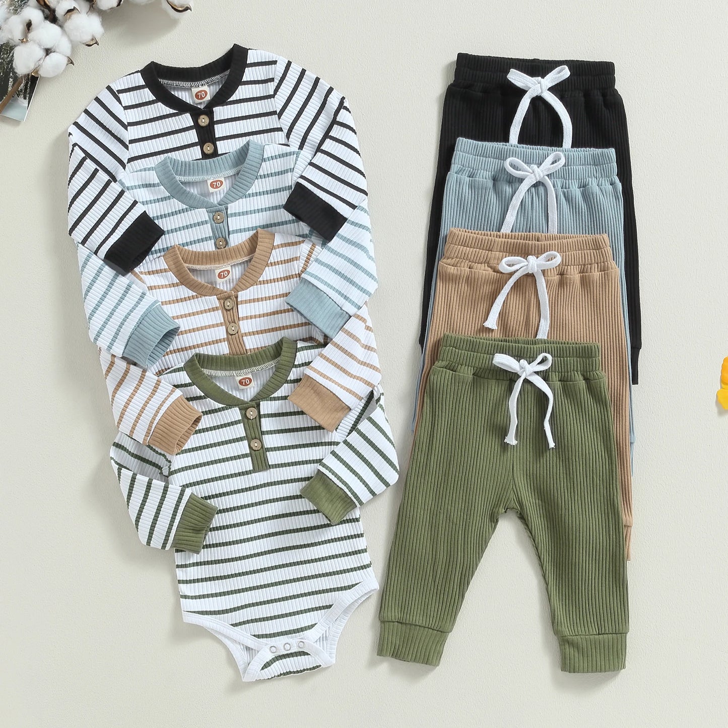Ensemble bébé garçon automne – barboteuse rayée manches longues + pantalon