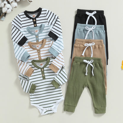 Ensemble bébé garçon automne – barboteuse rayée manches longues + pantalon
