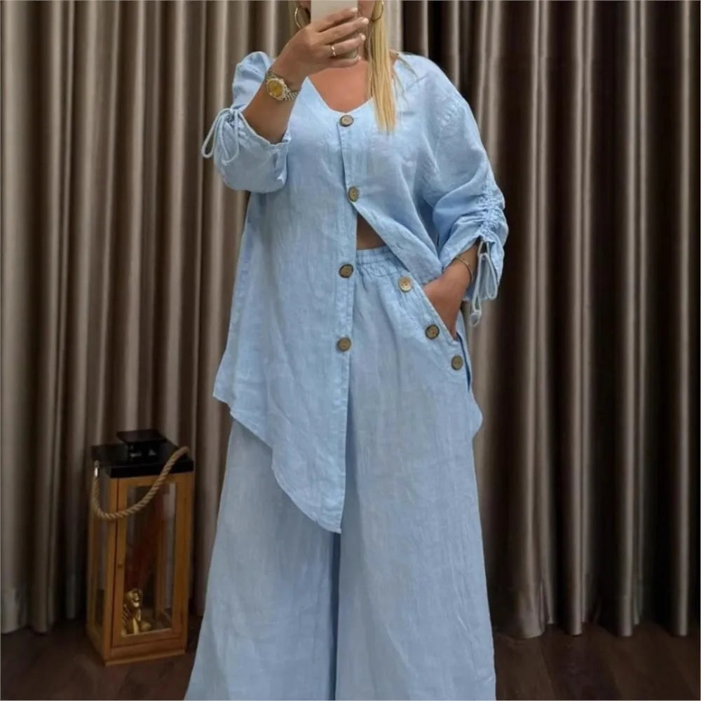 Ensemble Femme 2 Pièces – Cardigan Col V à Boutons & Pantalon Large, Style Décontracté Chic