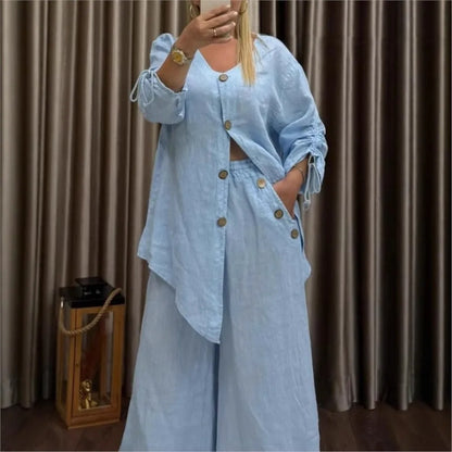 Ensemble Femme 2 Pièces – Cardigan Col V à Boutons & Pantalon Large, Style Décontracté Chic