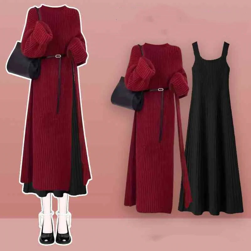 Ensemble femme 2 pièces robe à bretelles et pull fendu