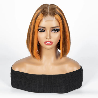 Perruque Bob courte droite colorée – cheveux humains 100%, dentelle 2x6 transparente, densité 250%