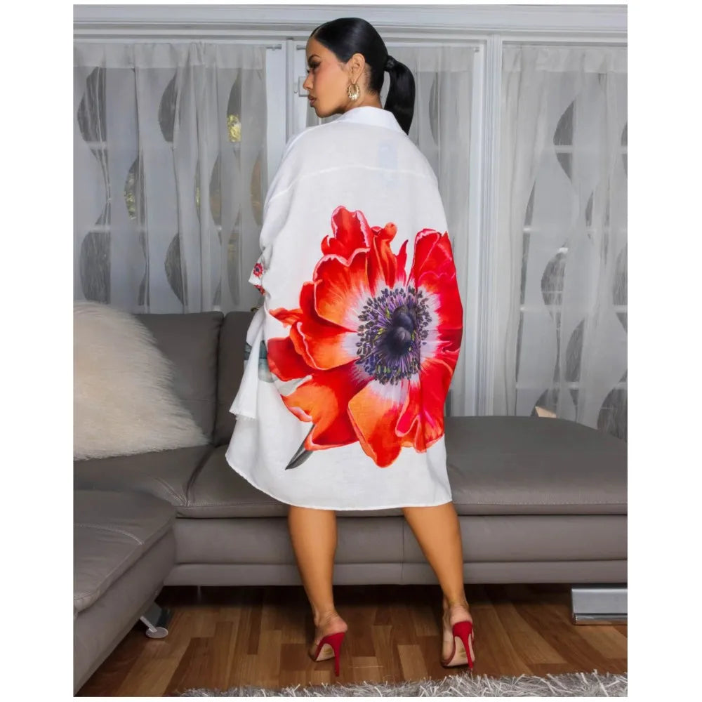 Robe Élégante Femme – Chemise d’Été Imprimée à Revers, Dos Court & Coupe Décontractée Chic