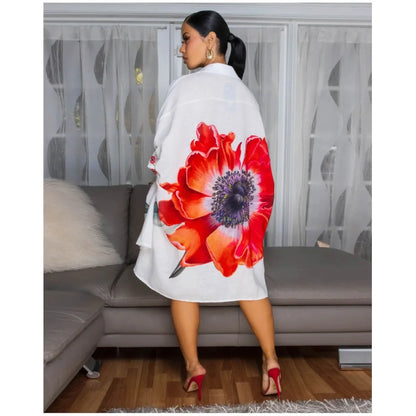 Robe Élégante Femme – Chemise d’Été Imprimée à Revers, Dos Court & Coupe Décontractée Chic