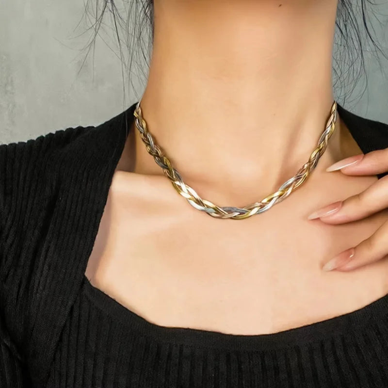 Ensemble Femme Acier – Collier Serpent Plat & Bracelet Tricolore, Style Moderne Élégant