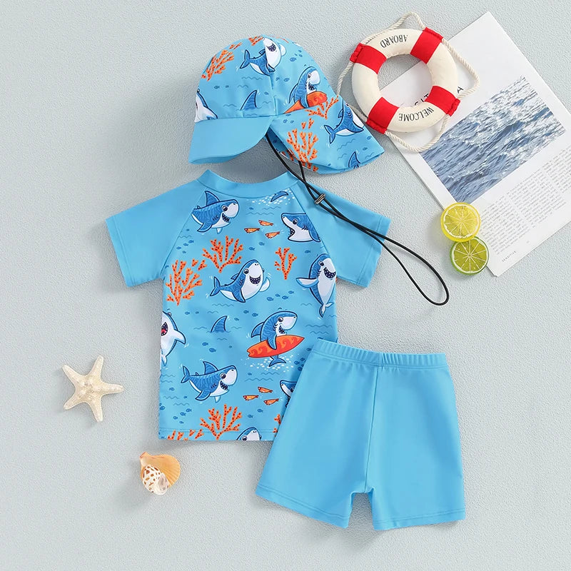 Ensemble maillot de bain été bébé garçon – anti‑UV, haut manches courtes, short et chapeau