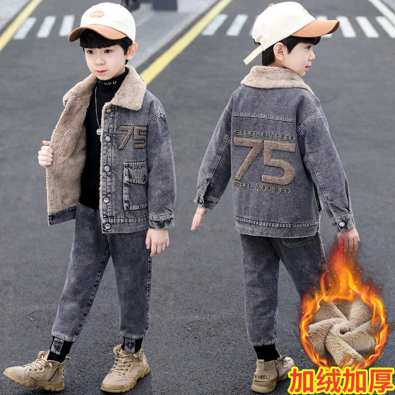 Vêtements enfants ado – Ensemble manteau fourré + jean, école, saison froide