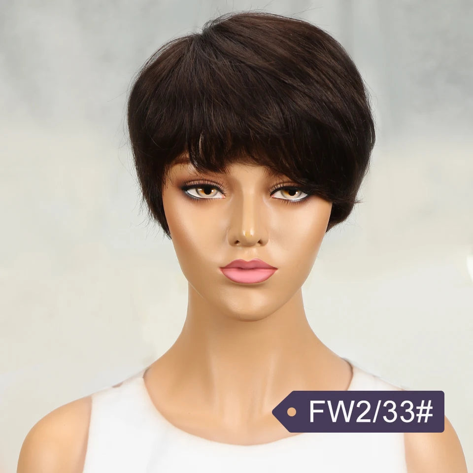 Perruque femme cheveux humains –, courte, raide, frange, Remy, style élégant
