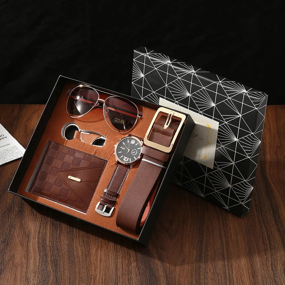 Coffret cadeau homme – Montre, portefeuille, ceinture, lunettes de soleil, porte-clés, fête des pères, petit ami ,saint valentin