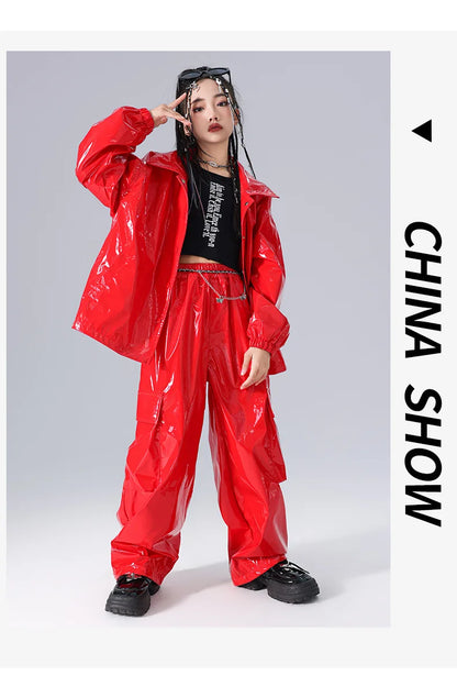 Costume Danse Jazz Garçon Filles, Pantalon Cuir Brillant Rouge, Streetwear Hip Hop Scène .
