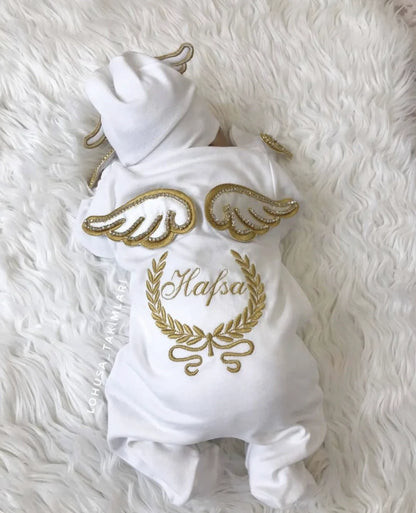 Barboteuse Bébé Jetable avec Nom, Ailes d'Ange, Sortie de Maternité .