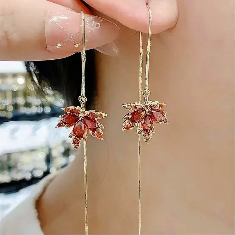 Boucles Oreilles Feuille Érable Rouge Vintage Cristal