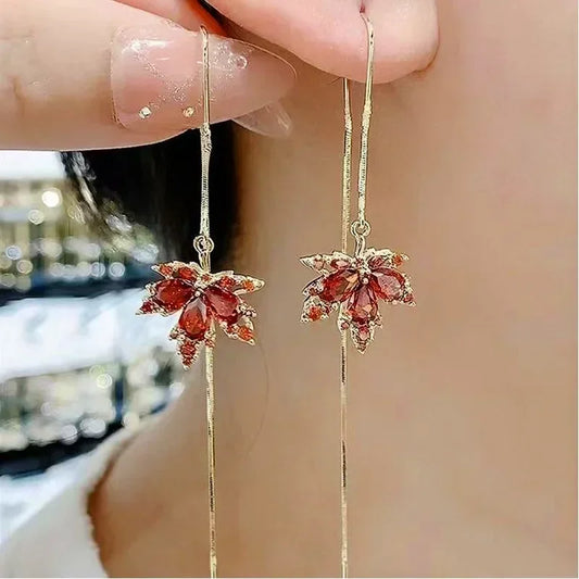 Boucles Oreilles Feuille Érable Rouge Vintage Cristal