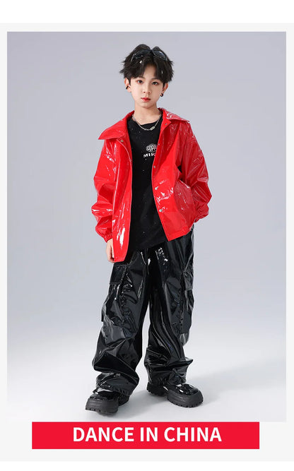 Costume Danse Jazz Garçon Filles, Pantalon Cuir Brillant Rouge, Streetwear Hip Hop Scène .