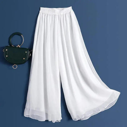 Pantalon femme grande taille en mousseline de soie, jambe large, taille haute, blanc, décontracté .