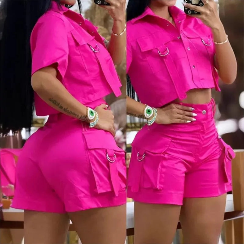 Ensemble Femme Été 2 Pièces décontractées – Haut Court à Manches Courtes et Pantalon à Poches