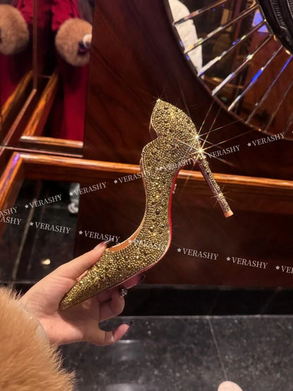 Talons Hauts Femmes 2025 Printemps – Chaussures Minces Pointues, Or Sexy, Style Français, Cristal, Semelle Rouge, Chaussures Mariage Élégantes