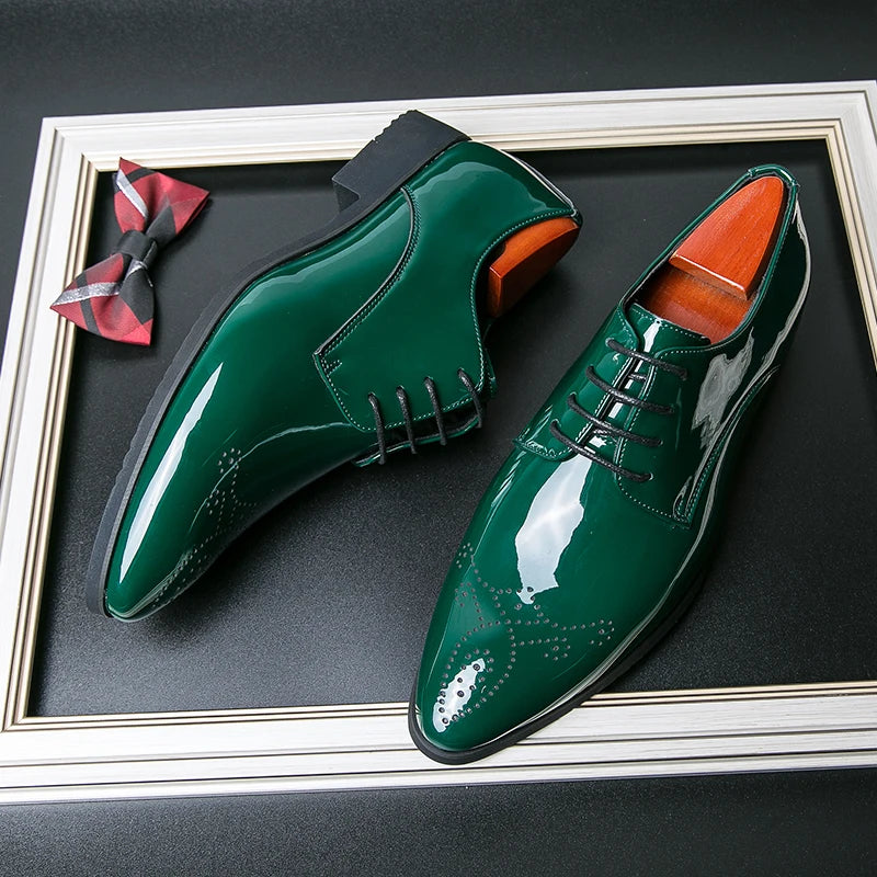 Chaussures Oxfords homme vert verni – Pointues, miroir, luxe, formelles, haute qualité .