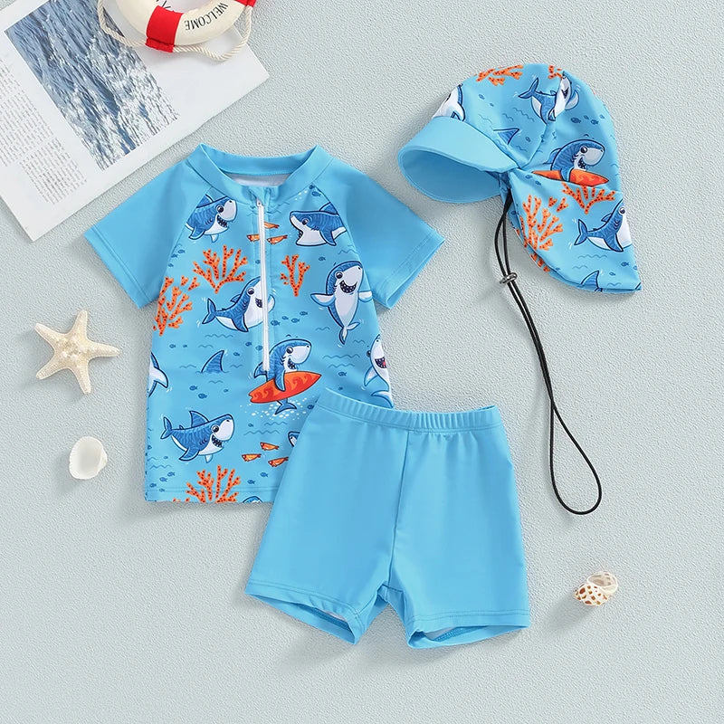 Ensemble maillot de bain été bébé garçon – anti‑UV, haut manches courtes, short et chapeau