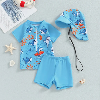 Ensemble maillot de bain été bébé garçon – anti‑UV, haut manches courtes, short et chapeau