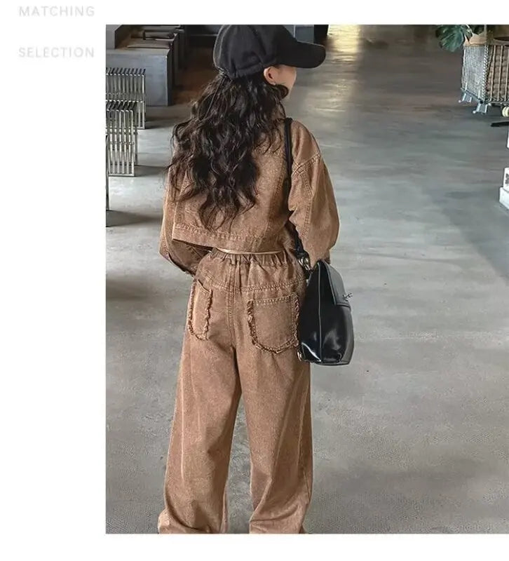 Ensemble de tenues 2 pièces pour filles, veste en jean à la mode, vêtements d'école pour mère et fille, tenues pour adolescents de 12 à 13 ans.